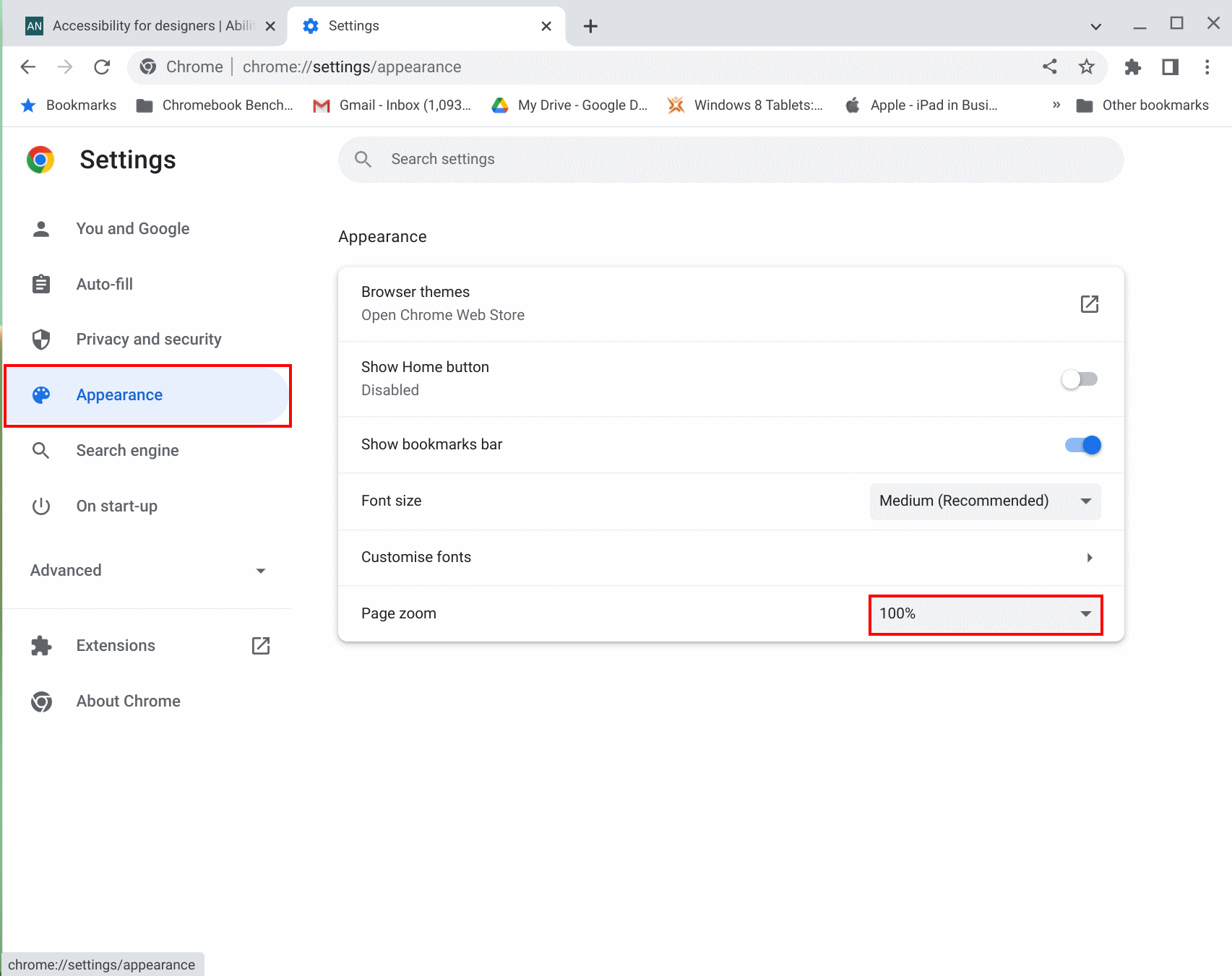 Click appearence then use the Page Zoom drop-down menu
